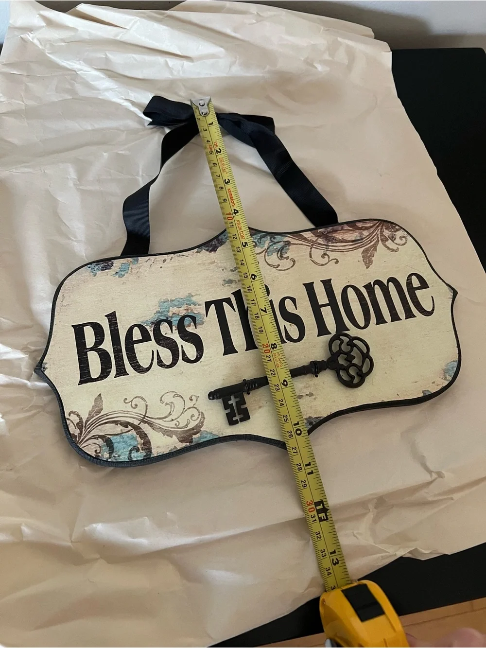 Bless This Home Wall Sign - Black Ribbon & Key Accent - Home Wall Decor